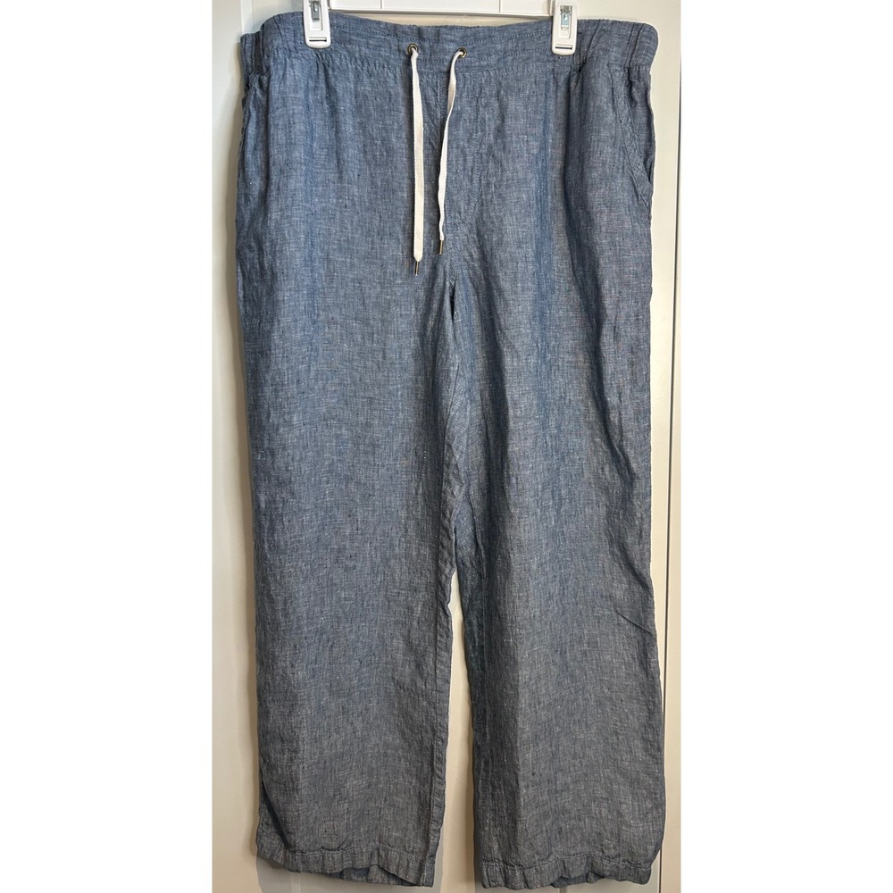 LL Bean Womens Blue 100% Linen Wide Leg Drawstring Pants 501498 Size XL